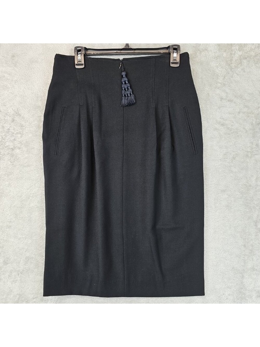 Escada Skirt Womens 40 Black Wool Pencil Midi High Waist Tassel Zip VTG Work
